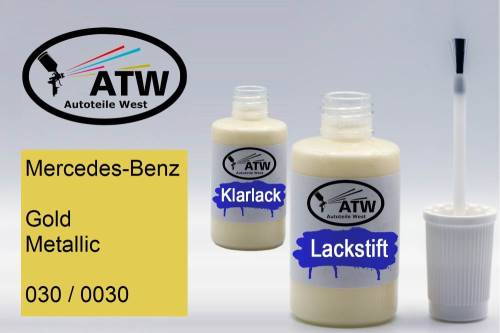 Mercedes-Benz, Gold Metallic, 030 / 0030: 20ml Lackstift + 20ml Klarlack - Set, von ATW Autoteile West.